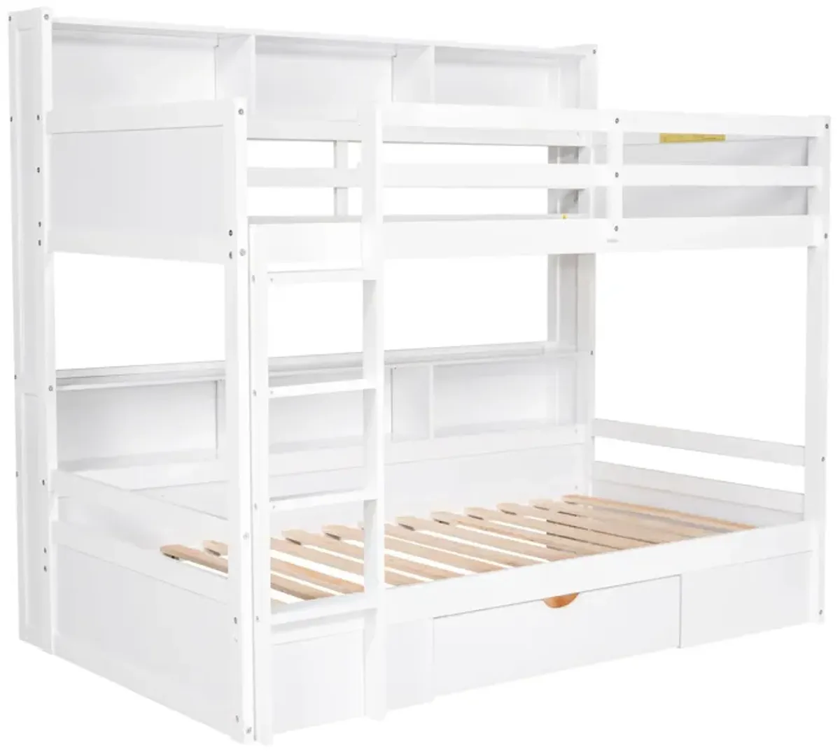 Twin Size Bunk Bed With Built-In Shelves Beside Both Upper And Down Bed And Storage Drawer