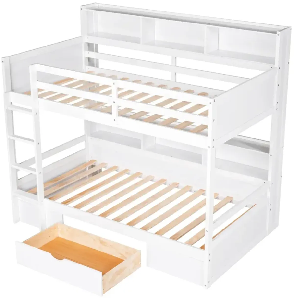 Twin Size Bunk Bed With Built-In Shelves Beside Both Upper And Down Bed And Storage Drawer