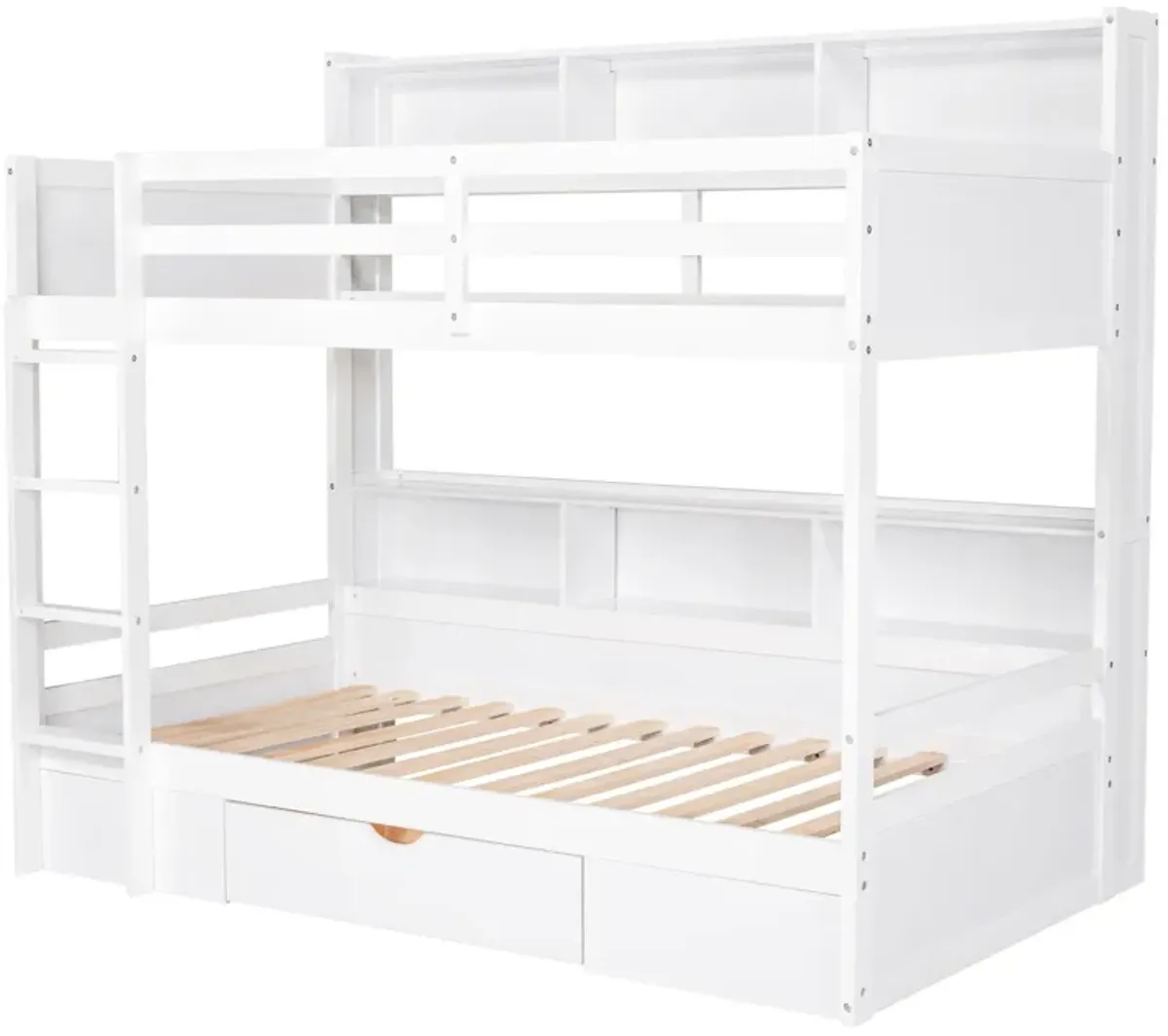 Twin Size Bunk Bed With Built-In Shelves Beside Both Upper And Down Bed And Storage Drawer