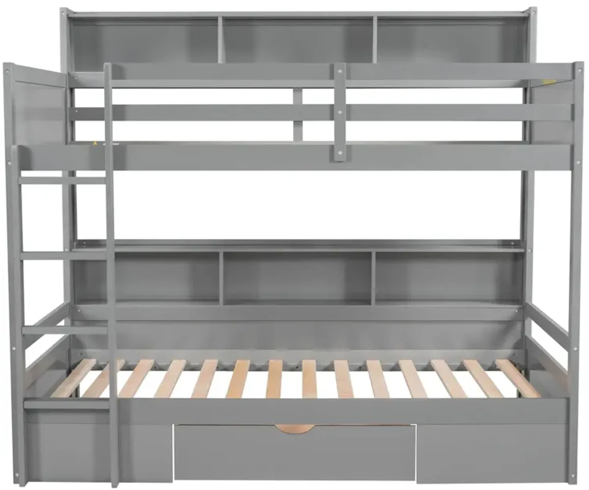 Twin Size Bunk Bed With Built-In Shelves Beside Both Upper And Down Bed And Storage Drawer