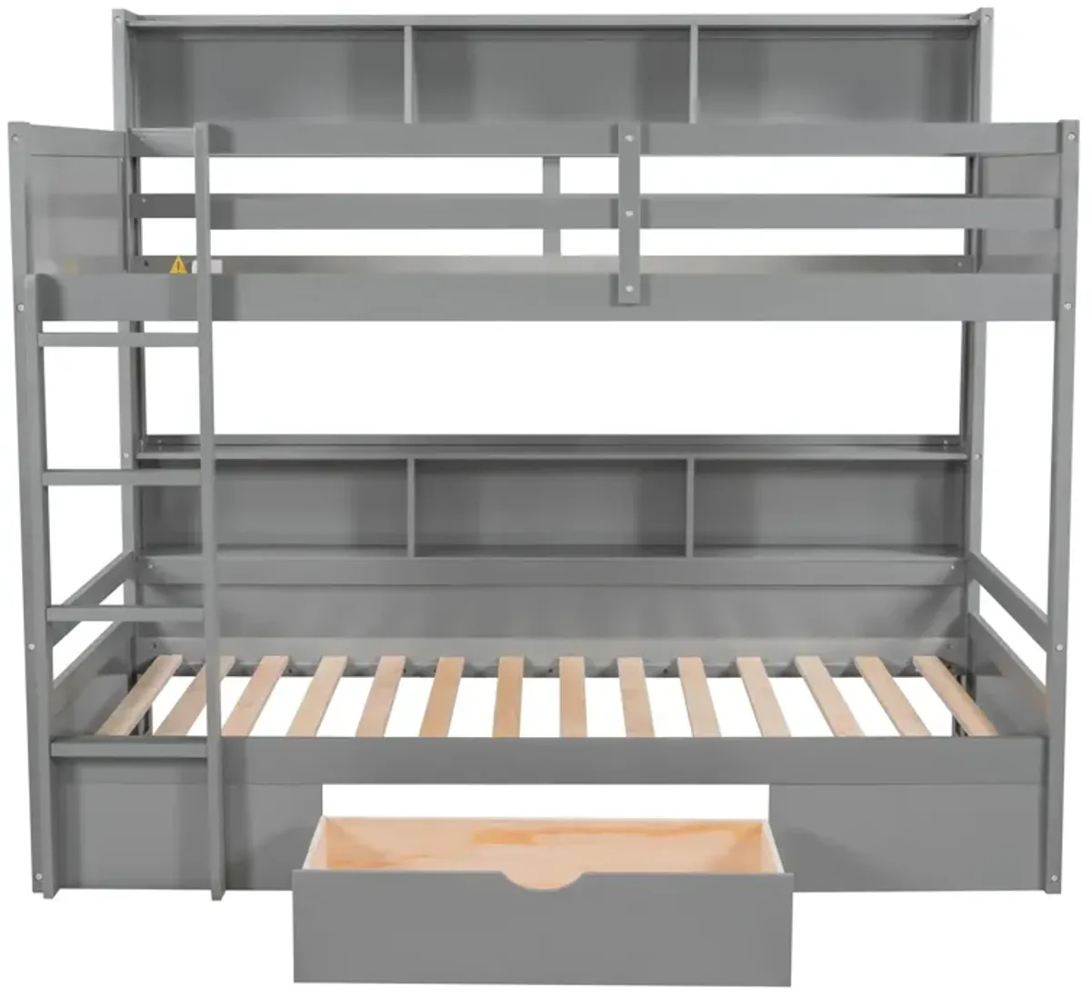 Twin Size Bunk Bed With Built-In Shelves Beside Both Upper And Down Bed And Storage Drawer