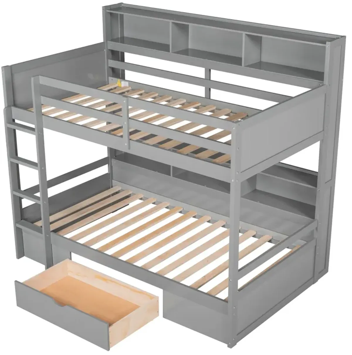 Twin Size Bunk Bed With Built-In Shelves Beside Both Upper And Down Bed And Storage Drawer