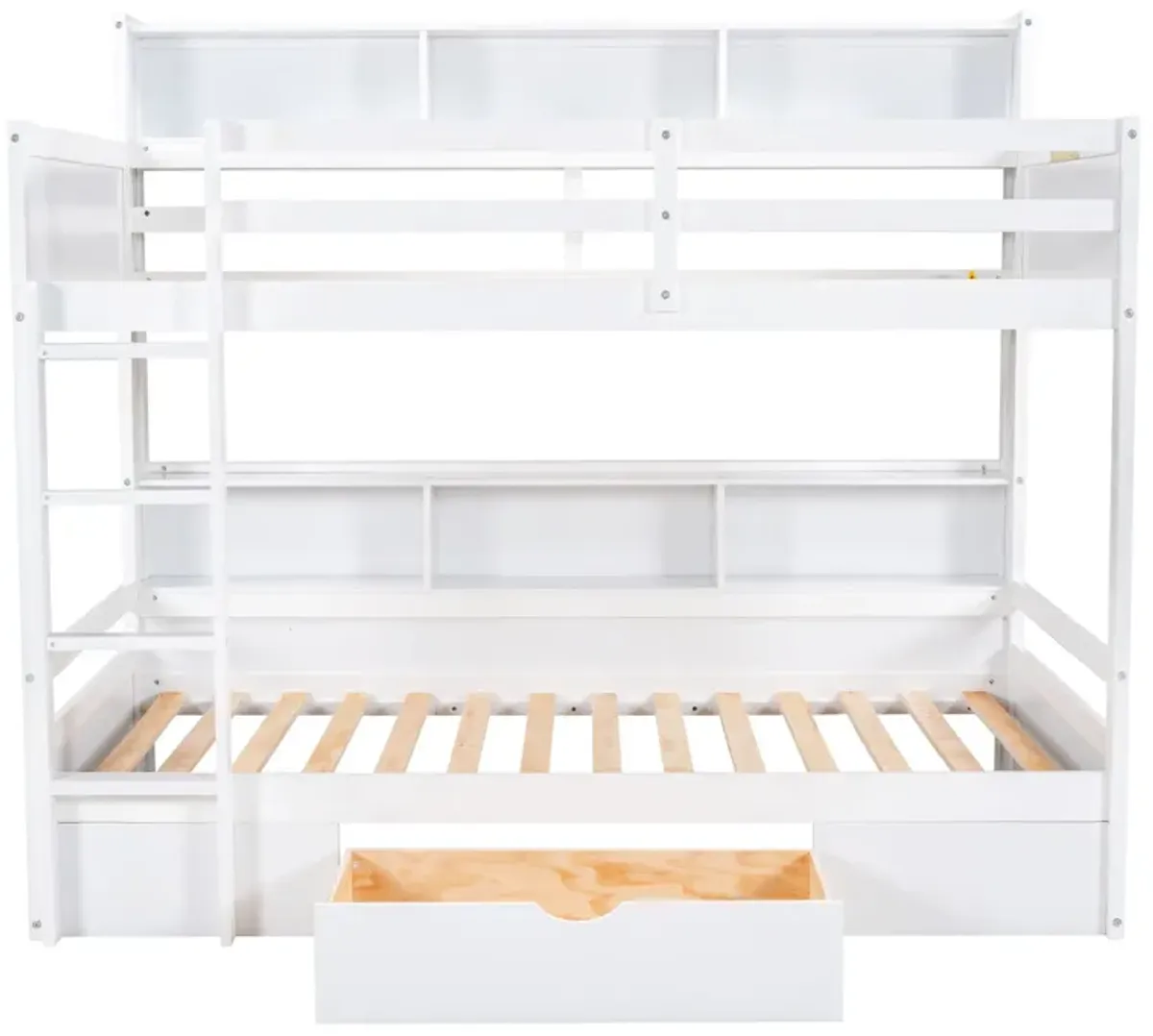 Twin Size Bunk Bed With Built-In Shelves Beside Both Upper And Down Bed And Storage Drawer