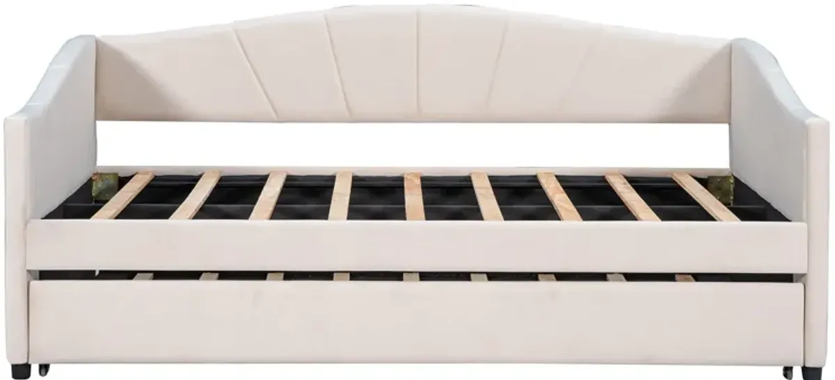 Upholstered Daybed Sofa Bed With Trundle Bed And Wood Slat