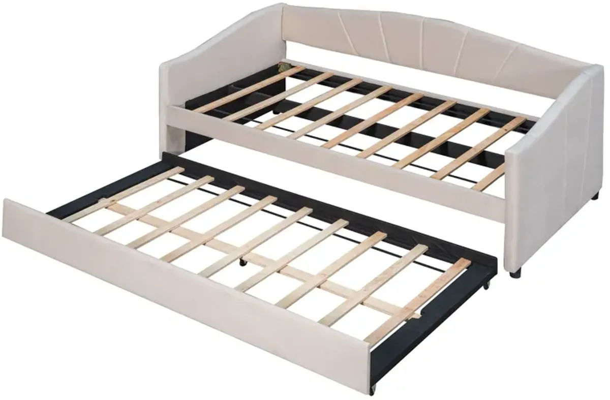 Upholstered Daybed Sofa Bed With Trundle Bed And Wood Slat