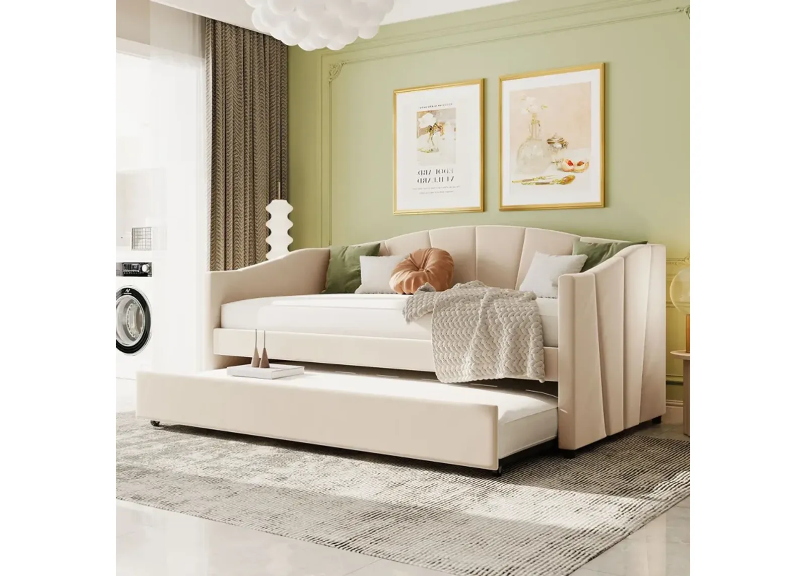 Upholstered Daybed Sofa Bed With Trundle Bed And Wood Slat