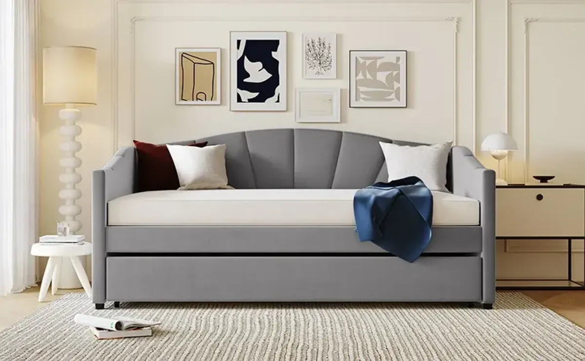 Upholstered Daybed Sofa Bed With Trundle Bed And Wood Slat