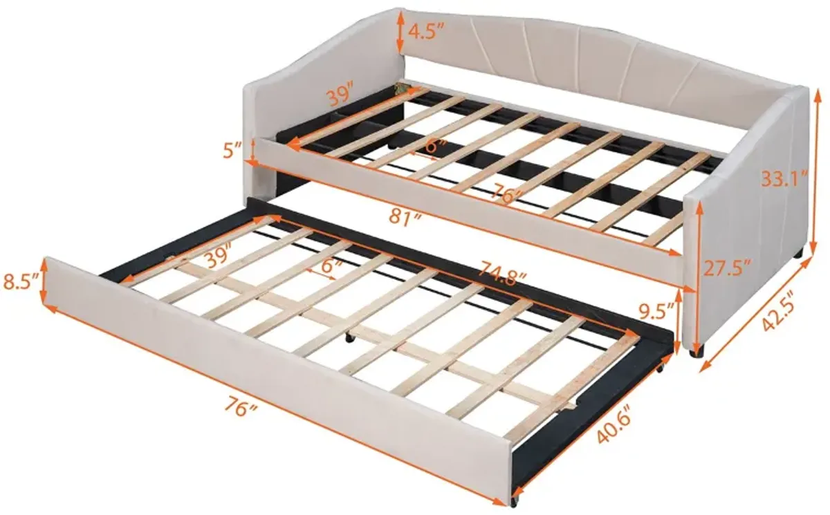 Upholstered Daybed Sofa Bed With Trundle Bed And Wood Slat