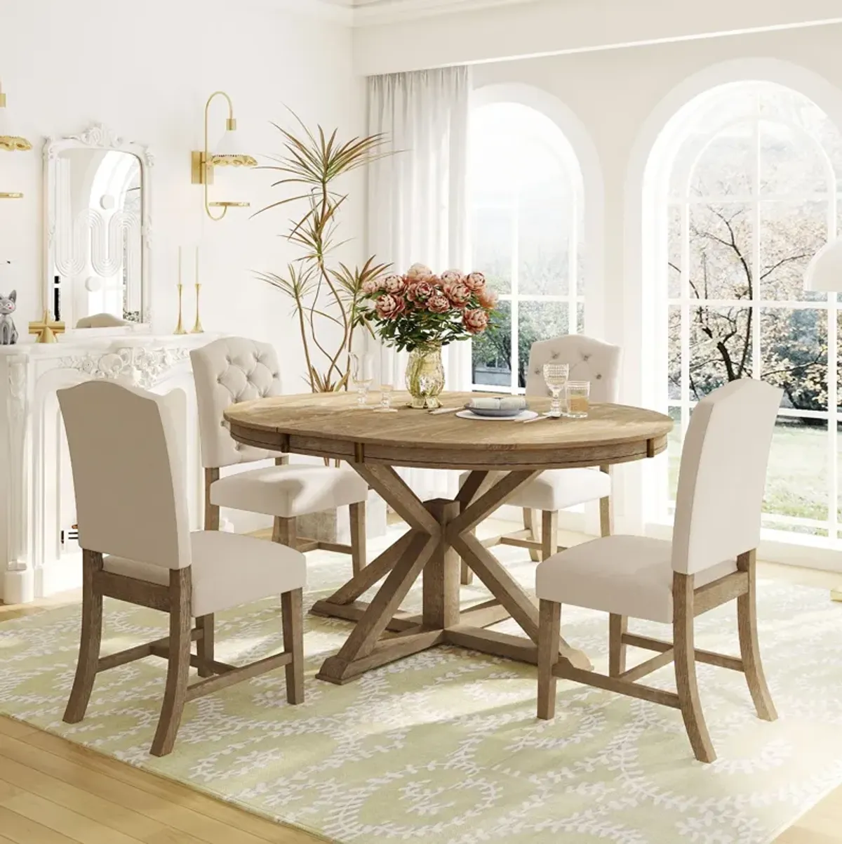 Functional Furniture Retro Style Dining Table Set With Extendable Table And 4 Upholstered Chairs For Dining Room And Living Room