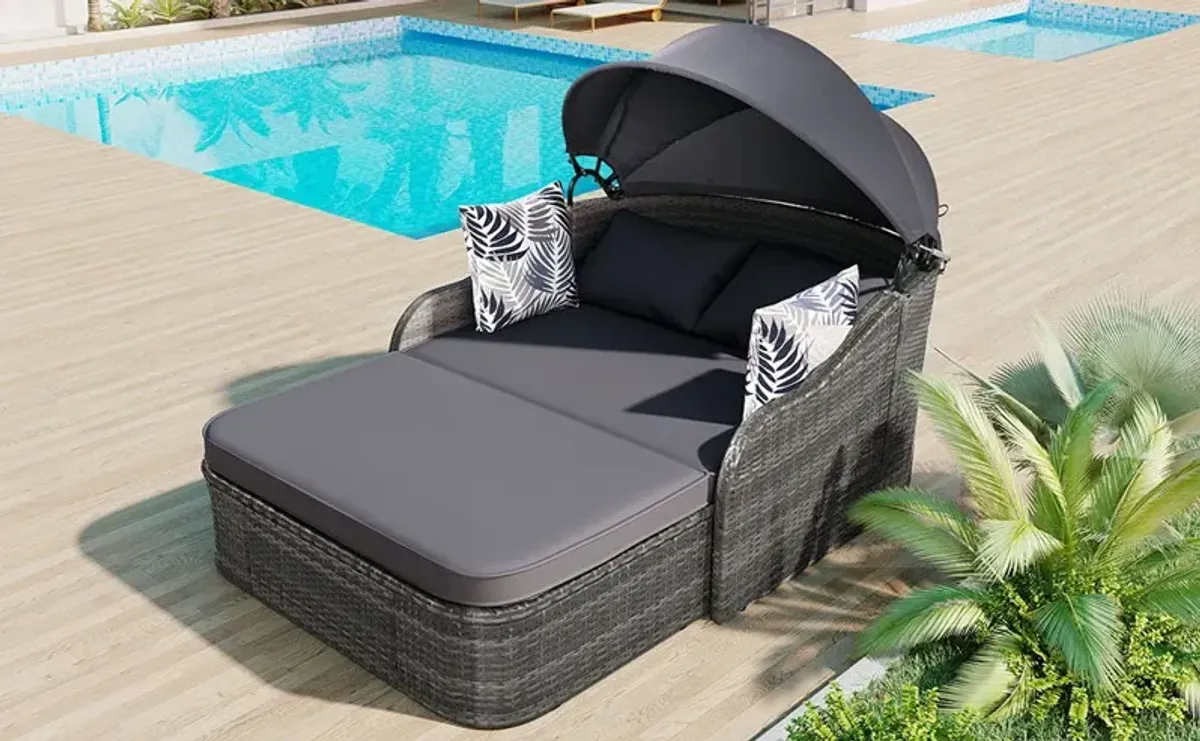 Outdoor Sunbed With Adjustable Canopy, Daybed With Pillows, Double Lounge, PE Rattan Daybed