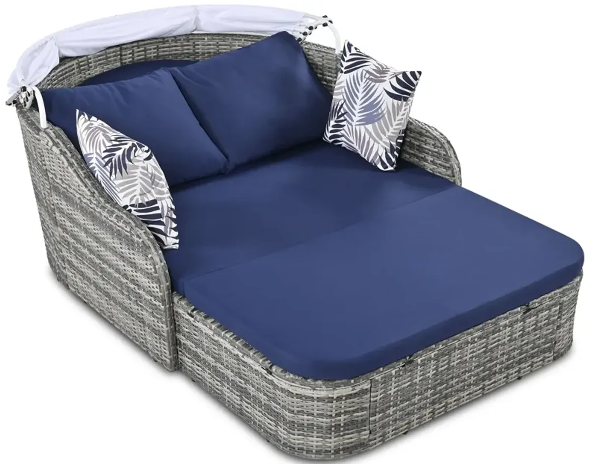 Outdoor Sunbed With Adjustable Canopy, Daybed With Pillows, Double Lounge, PE Rattan Daybed