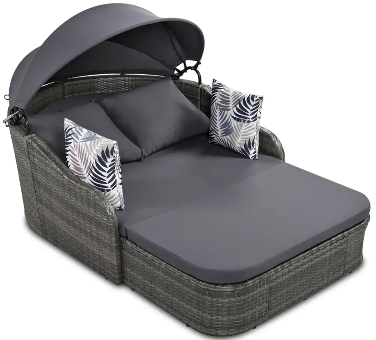 Outdoor Sunbed With Adjustable Canopy, Daybed With Pillows, Double Lounge, PE Rattan Daybed