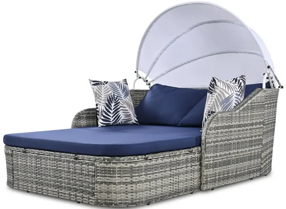 Outdoor Sunbed With Adjustable Canopy, Daybed With Pillows, Double Lounge, PE Rattan Daybed