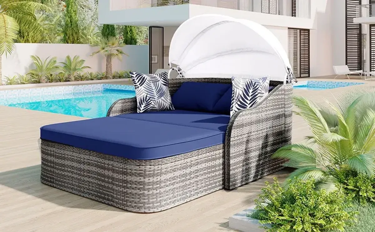 Outdoor Sunbed With Adjustable Canopy, Daybed With Pillows, Double Lounge, PE Rattan Daybed