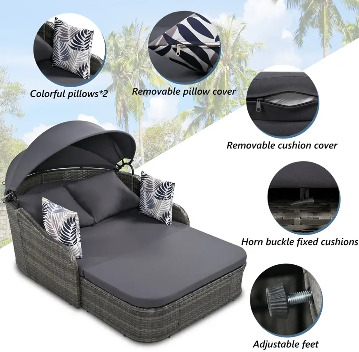 Outdoor Sunbed With Adjustable Canopy, Daybed With Pillows, Double Lounge, PE Rattan Daybed