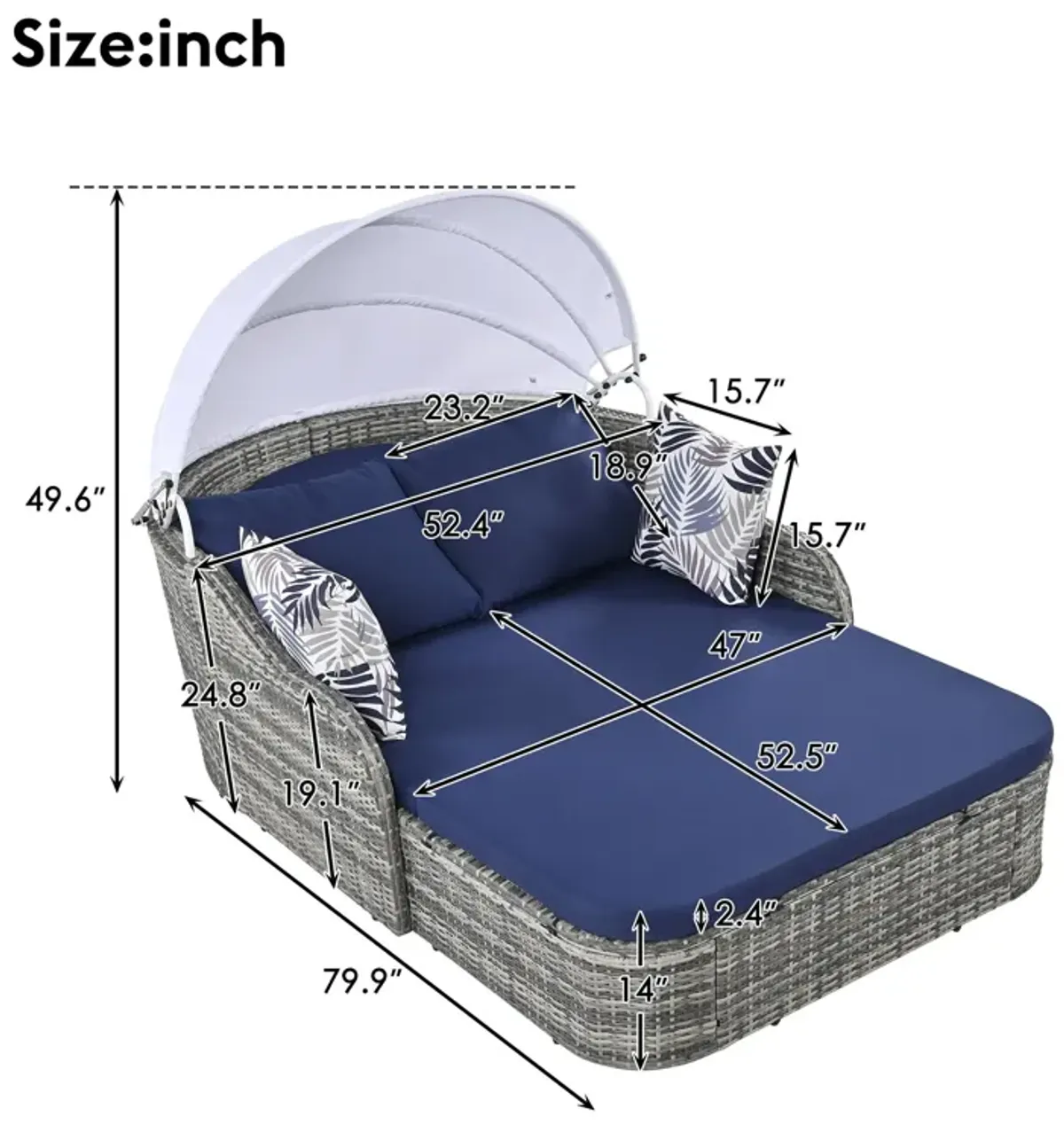 Outdoor Sunbed With Adjustable Canopy, Daybed With Pillows, Double Lounge, PE Rattan Daybed