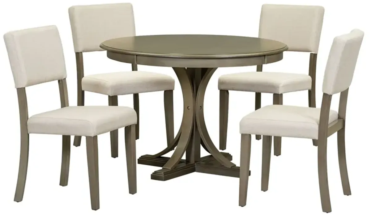 Retro Round Dining Table Set With Curved Trestle Style Table Legs And Upholstered Chairs For Dining Room