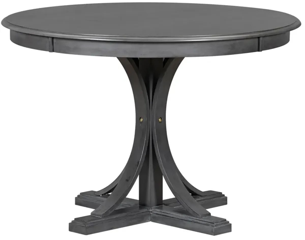 Retro Round Dining Table Set With Curved Trestle Style Table Legs And Upholstered Chairs For Dining Room