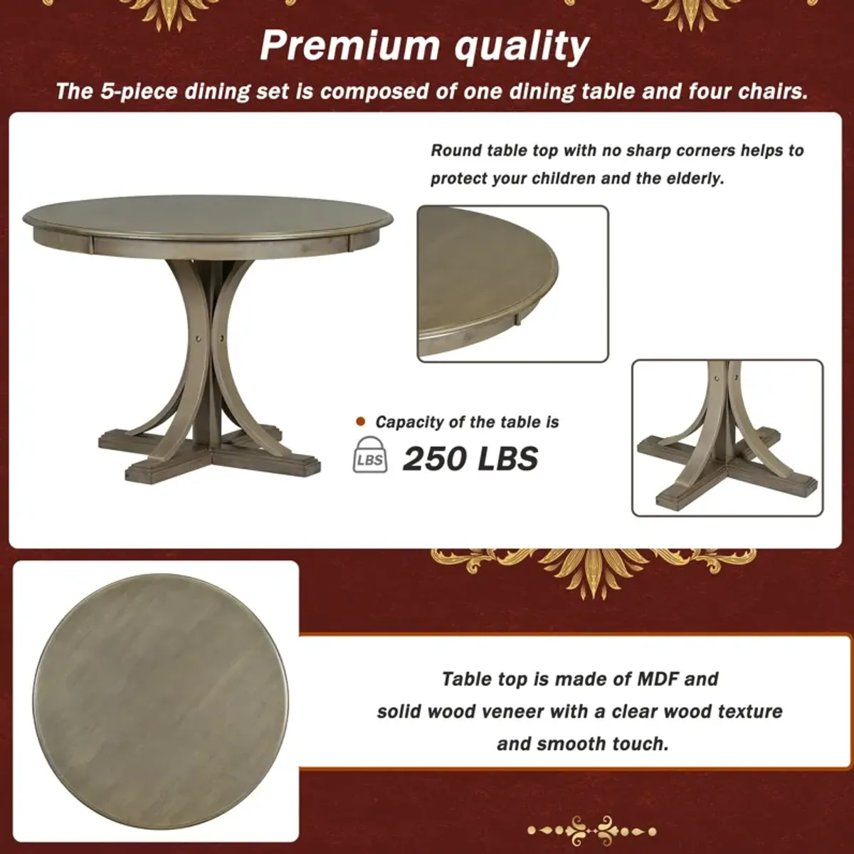 Retro Round Dining Table Set With Curved Trestle Style Table Legs And Upholstered Chairs For Dining Room