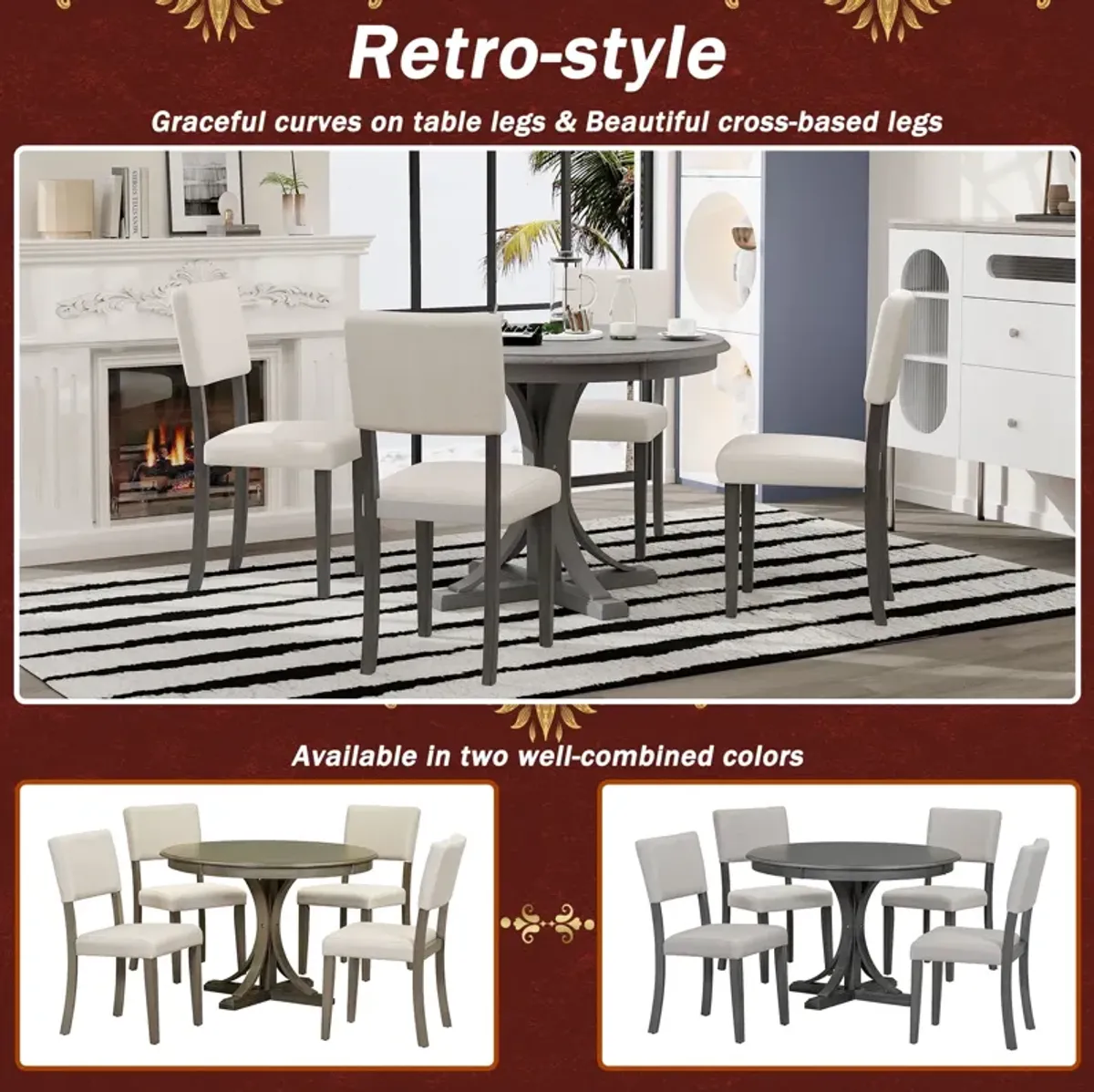 Retro Round Dining Table Set With Curved Trestle Style Table Legs And Upholstered Chairs For Dining Room