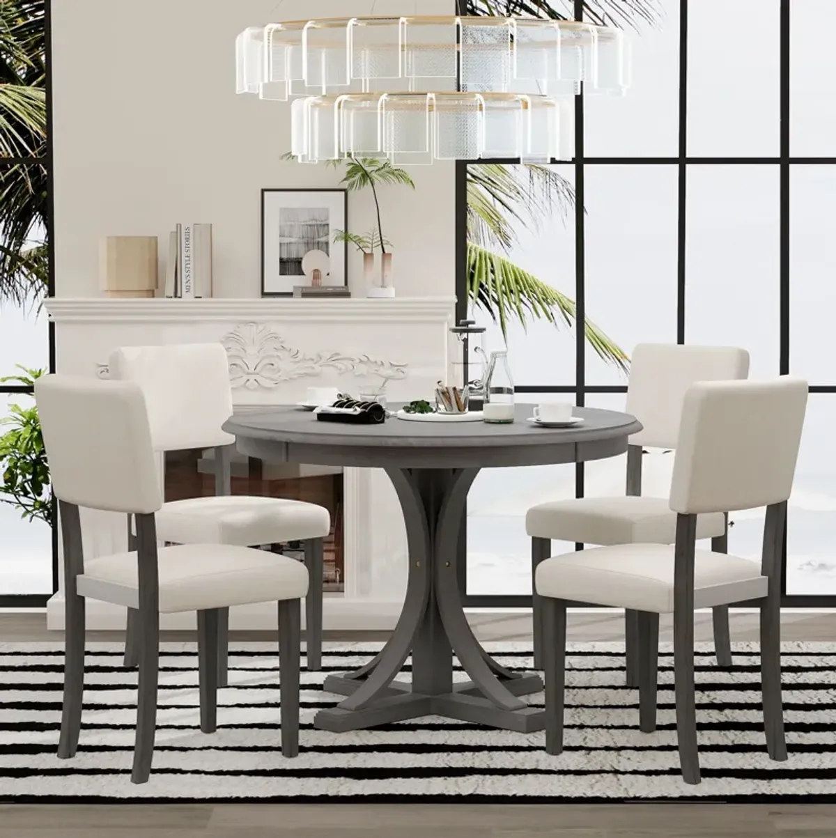 Retro Round Dining Table Set With Curved Trestle Style Table Legs And Upholstered Chairs For Dining Room