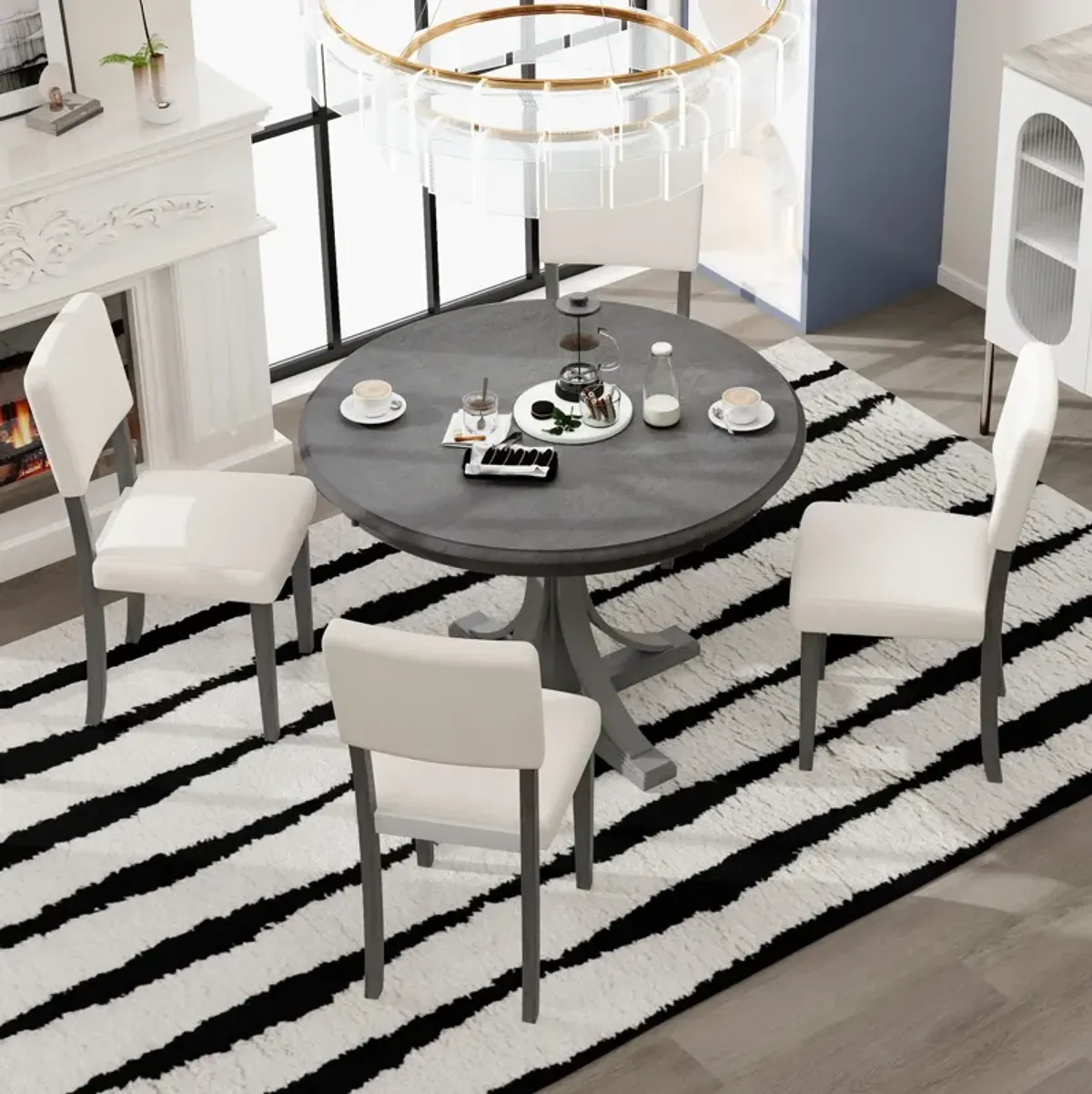 Retro Round Dining Table Set With Curved Trestle Style Table Legs And Upholstered Chairs For Dining Room