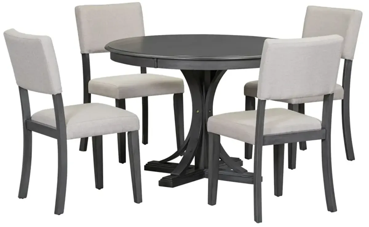 Retro Round Dining Table Set With Curved Trestle Style Table Legs And Upholstered Chairs For Dining Room