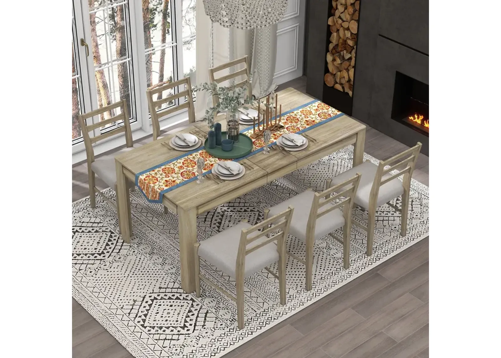 Wooden Dining Table Set Mutifunctional Extendable Table With Leaf And 2 Drawers, Dining Chairs With Soft Cushion