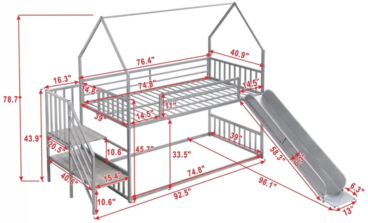 Twin Over Twin Metal Bunk Bed House Bed With Slide And Staircase