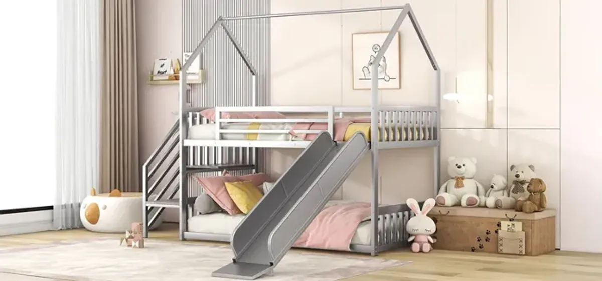 Twin Over Twin Metal Bunk Bed House Bed With Slide And Staircase