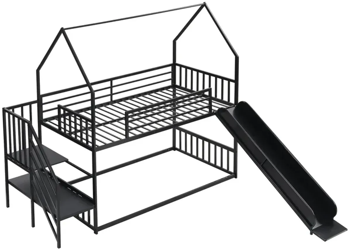 Twin Over Twin Metal Bunk Bed House Bed With Slide And Staircase