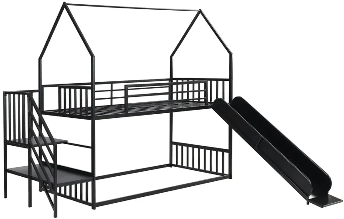 Twin Over Twin Metal Bunk Bed House Bed With Slide And Staircase