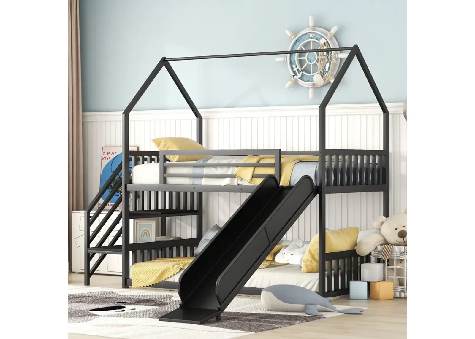 Twin Over Twin Metal Bunk Bed House Bed With Slide And Staircase