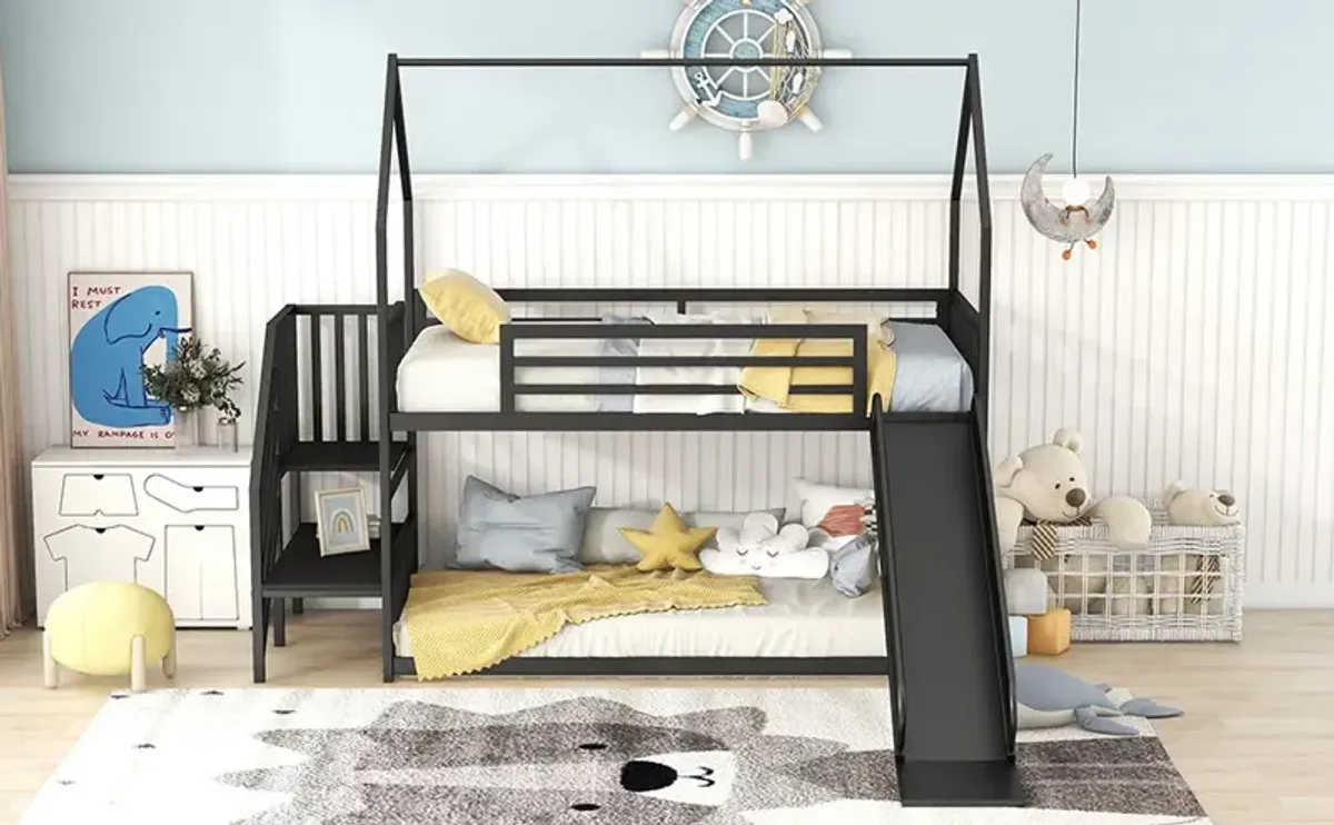 Twin Over Twin Metal Bunk Bed House Bed With Slide And Staircase