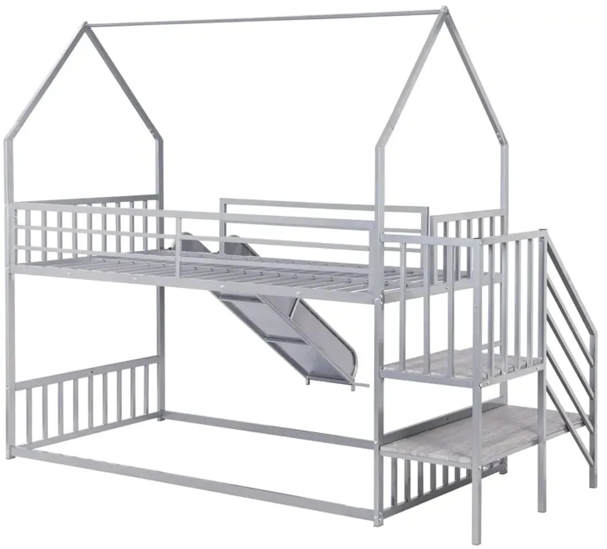 Twin Over Twin Metal Bunk Bed House Bed With Slide And Staircase