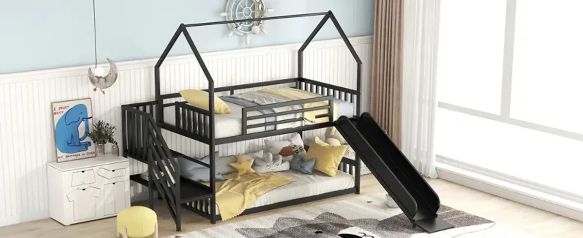 Twin Over Twin Metal Bunk Bed House Bed With Slide And Staircase