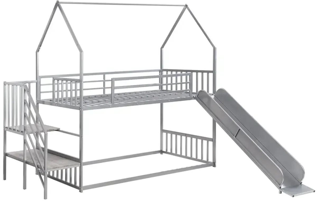 Twin Over Twin Metal Bunk Bed House Bed With Slide And Staircase