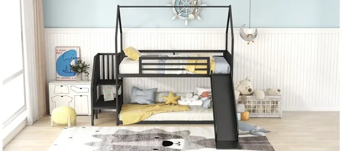 Twin Over Twin Metal Bunk Bed House Bed With Slide And Staircase