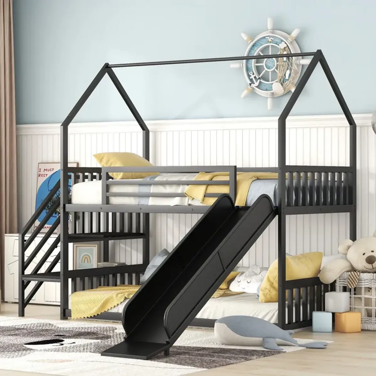 Twin Over Twin Metal Bunk Bed House Bed With Slide And Staircase