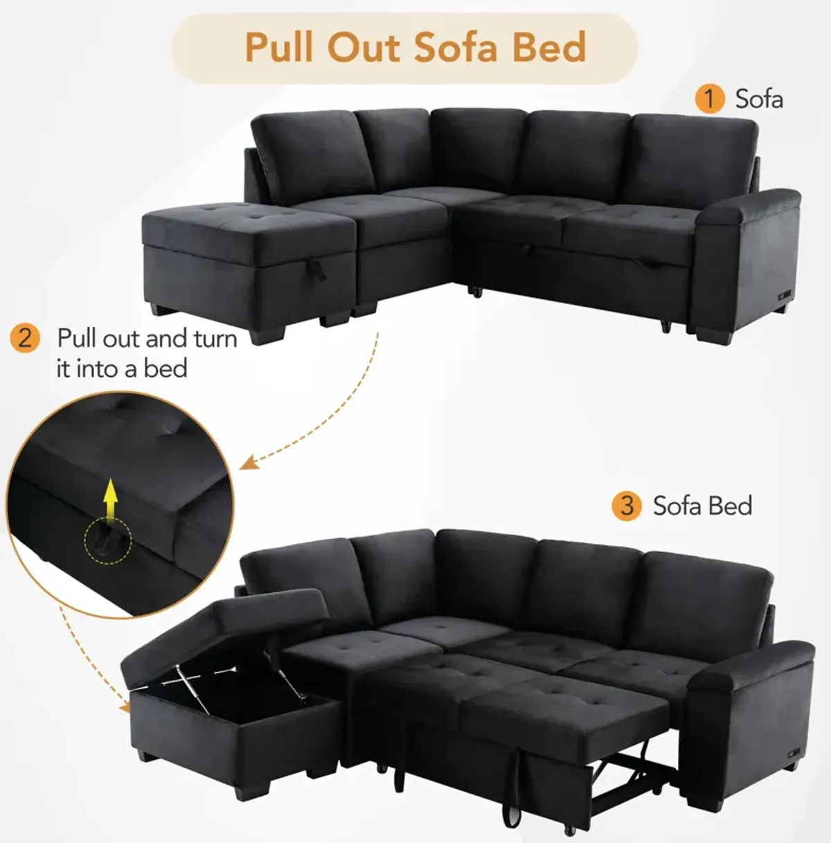 Sleeper Sectional Sofa, L-Shape Corner Couch Sofa Bed With Storage Ottoman & Hidden Arm Storage & USB Charge For Living Room Apartment