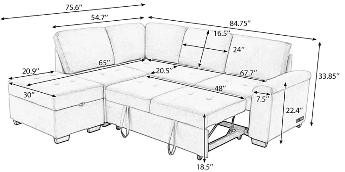 Sleeper Sectional Sofa, L-Shape Corner Couch Sofa Bed With Storage Ottoman & Hidden Arm Storage & USB Charge For Living Room Apartment