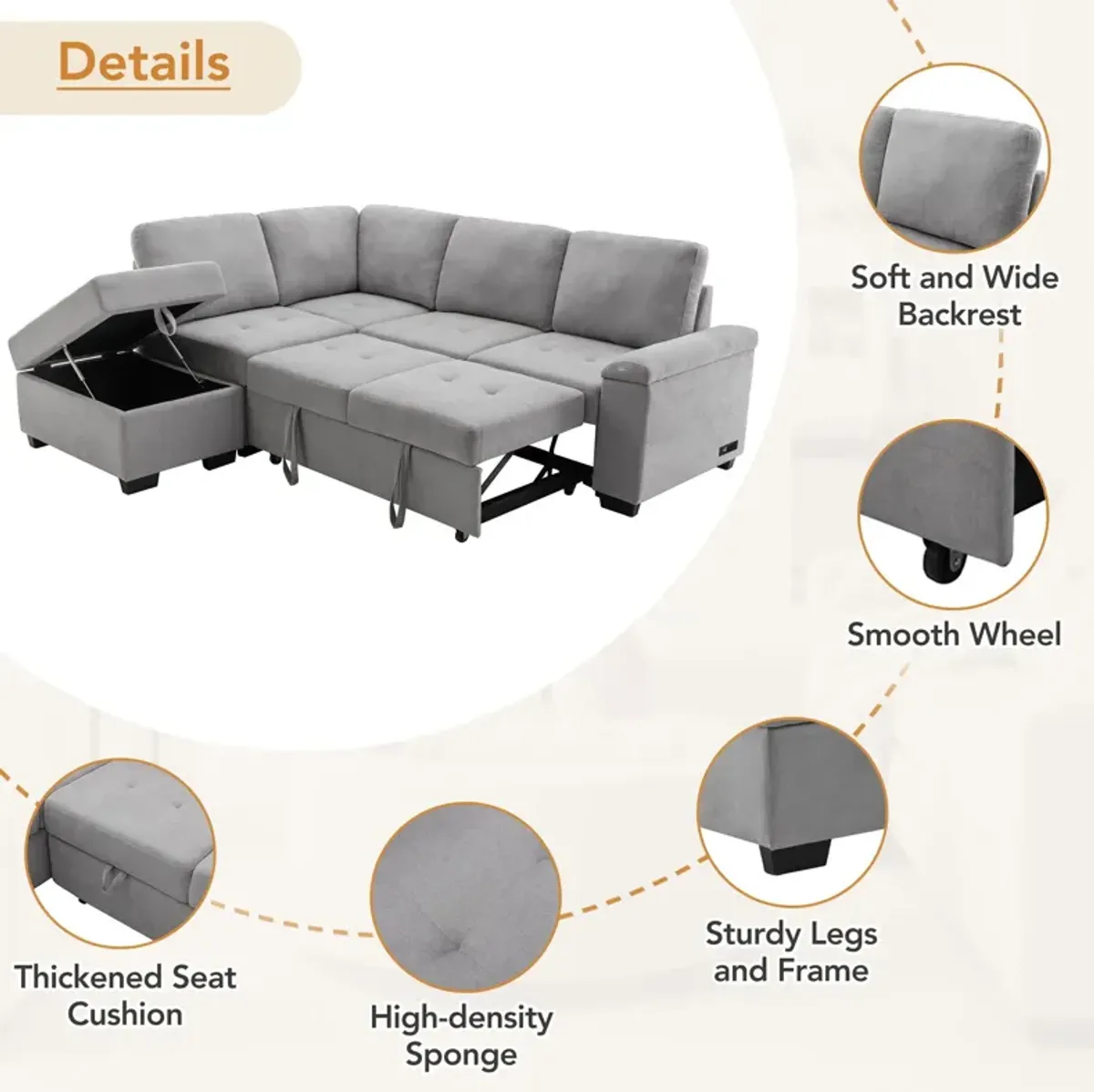 Sleeper Sectional Sofa, L-Shape Corner Couch Sofa Bed With Storage Ottoman & Hidden Arm Storage & USB Charge For Living Room Apartment