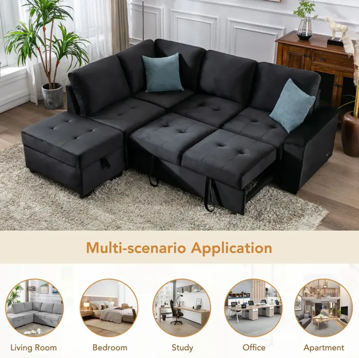 Sleeper Sectional Sofa, L-Shape Corner Couch Sofa Bed With Storage Ottoman & Hidden Arm Storage & USB Charge For Living Room Apartment