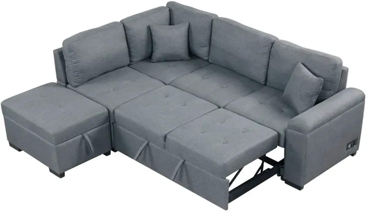 Sleeper Sectional Sofa, L-Shape Corner Couch Sofa Bed With Storage Ottoman & Hidden Arm Storage & USB Charge For Living Room Apartment