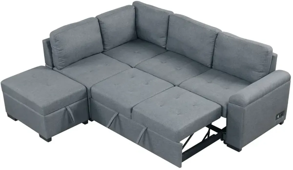 Sleeper Sectional Sofa, L-Shape Corner Couch Sofa Bed With Storage Ottoman & Hidden Arm Storage & USB Charge For Living Room Apartment