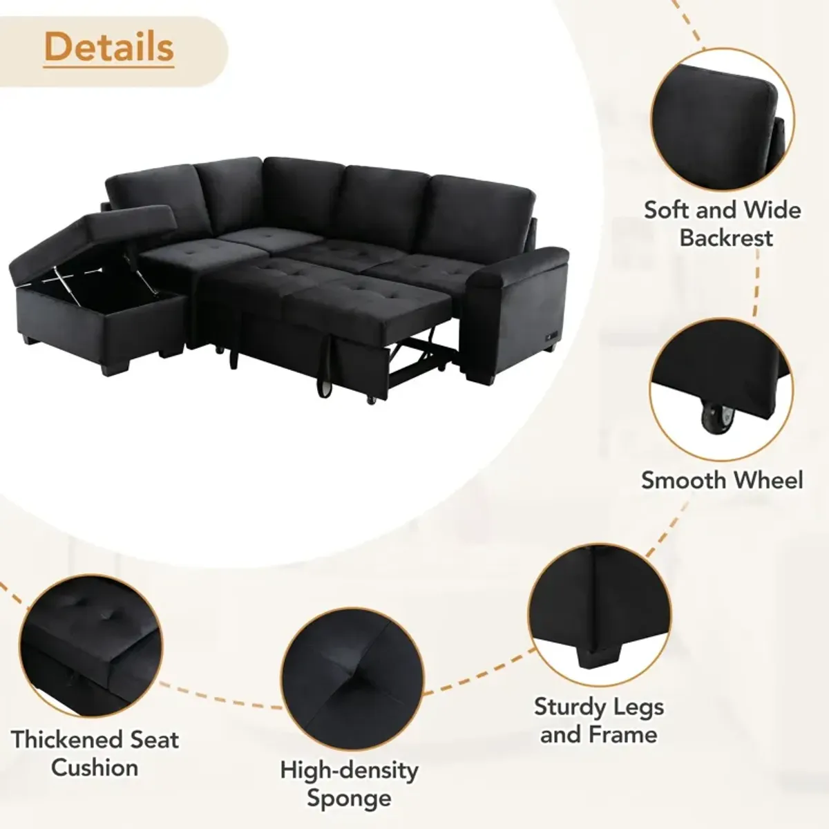 Sleeper Sectional Sofa, L-Shape Corner Couch Sofa Bed With Storage Ottoman & Hidden Arm Storage & USB Charge For Living Room Apartment