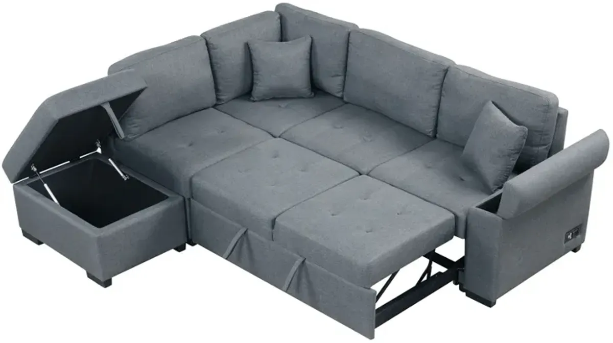 Sleeper Sectional Sofa, L-Shape Corner Couch Sofa Bed With Storage Ottoman & Hidden Arm Storage & USB Charge For Living Room Apartment