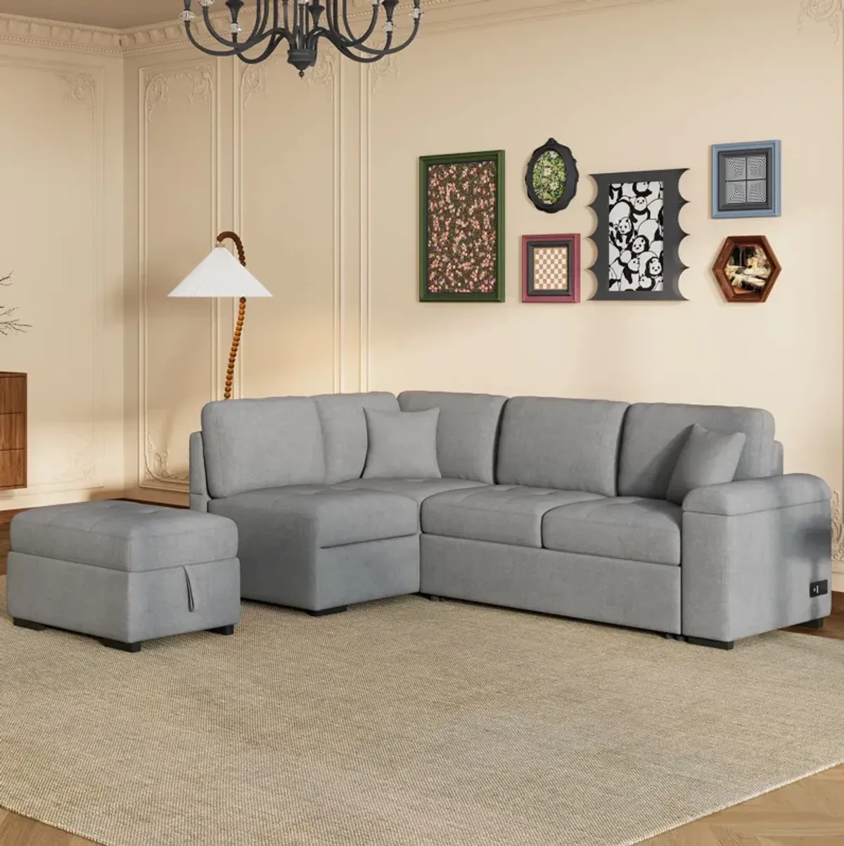 Sleeper Sectional Sofa, L-Shape Corner Couch Sofa Bed With Storage Ottoman & Hidden Arm Storage & USB Charge For Living Room Apartment