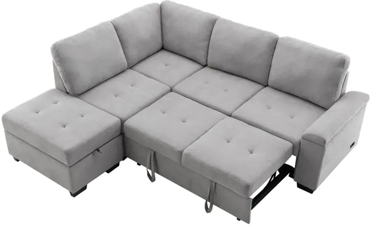 Sleeper Sectional Sofa, L-Shape Corner Couch Sofa Bed With Storage Ottoman & Hidden Arm Storage & USB Charge For Living Room Apartment