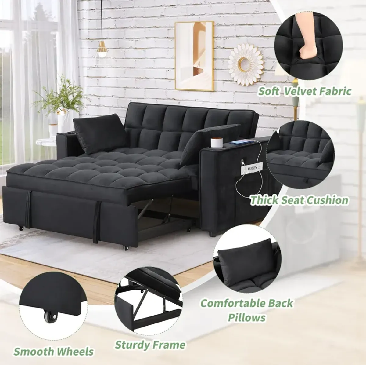 Multi Functional Sofa Bed With Cup Holder And USB Port For Living Room Or Apartments